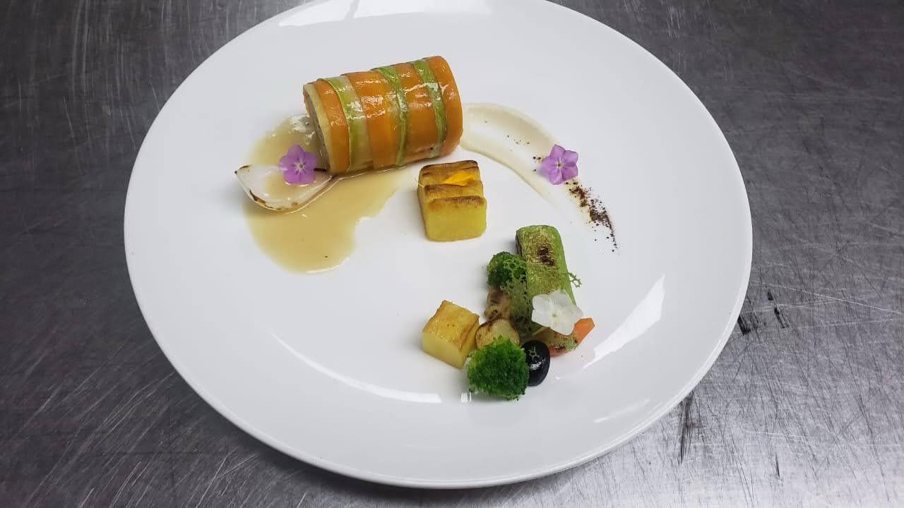 Precision cylindrical roulade wrapped in courgette with fondant potatoes